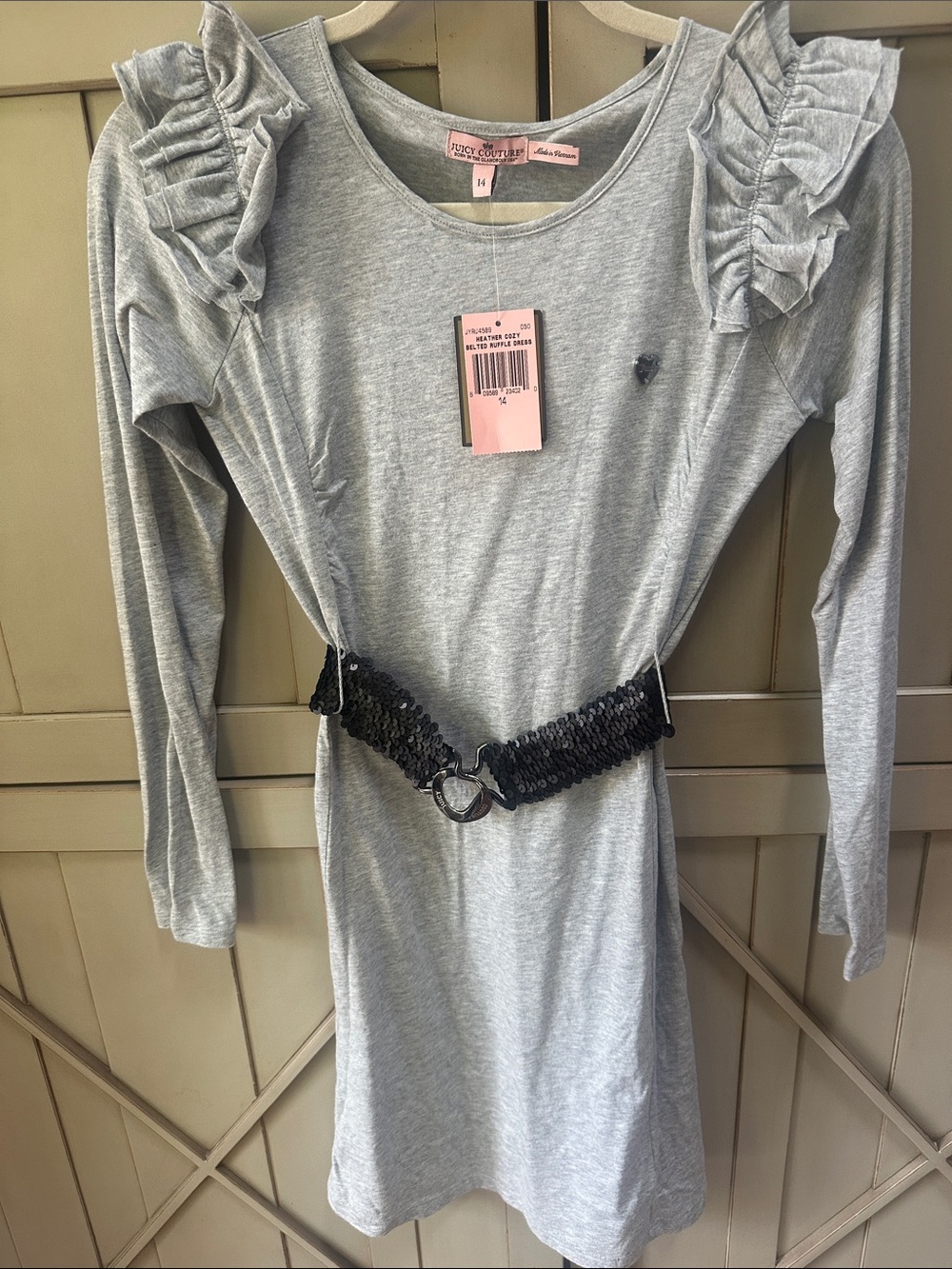 Juicy Couture NWT Gray Ruffle-Shoulder Knit Dress with Black Sequin Belt sz 14 g